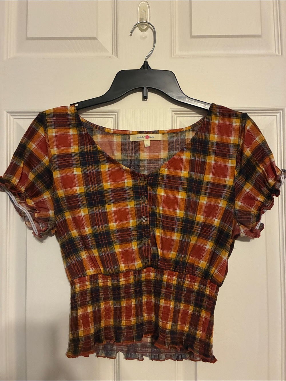 Wishful Park Rust Plaid Cropped Button Front Top